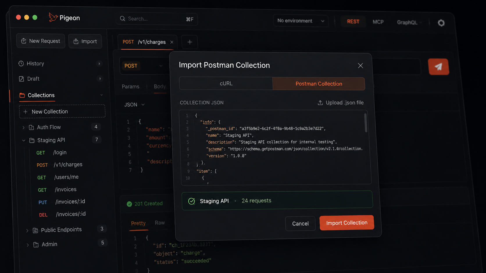 Import flow showing a collection file landing in a local folder tree.