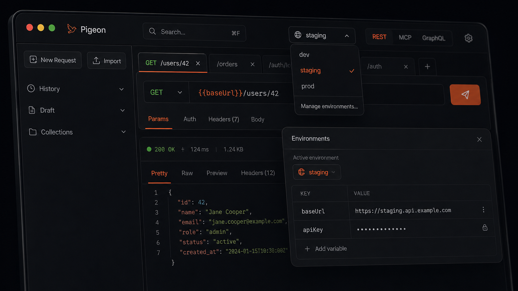 Environment switcher showing dev, staging, and prod with a masked secret value.