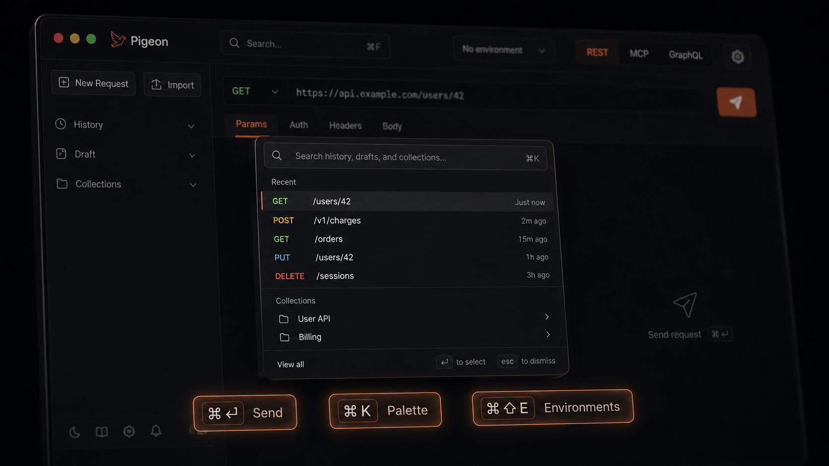 Shortcut keys ⌘↵, ⌘⇧E, and ⌘K highlighted on a dark developer UI.