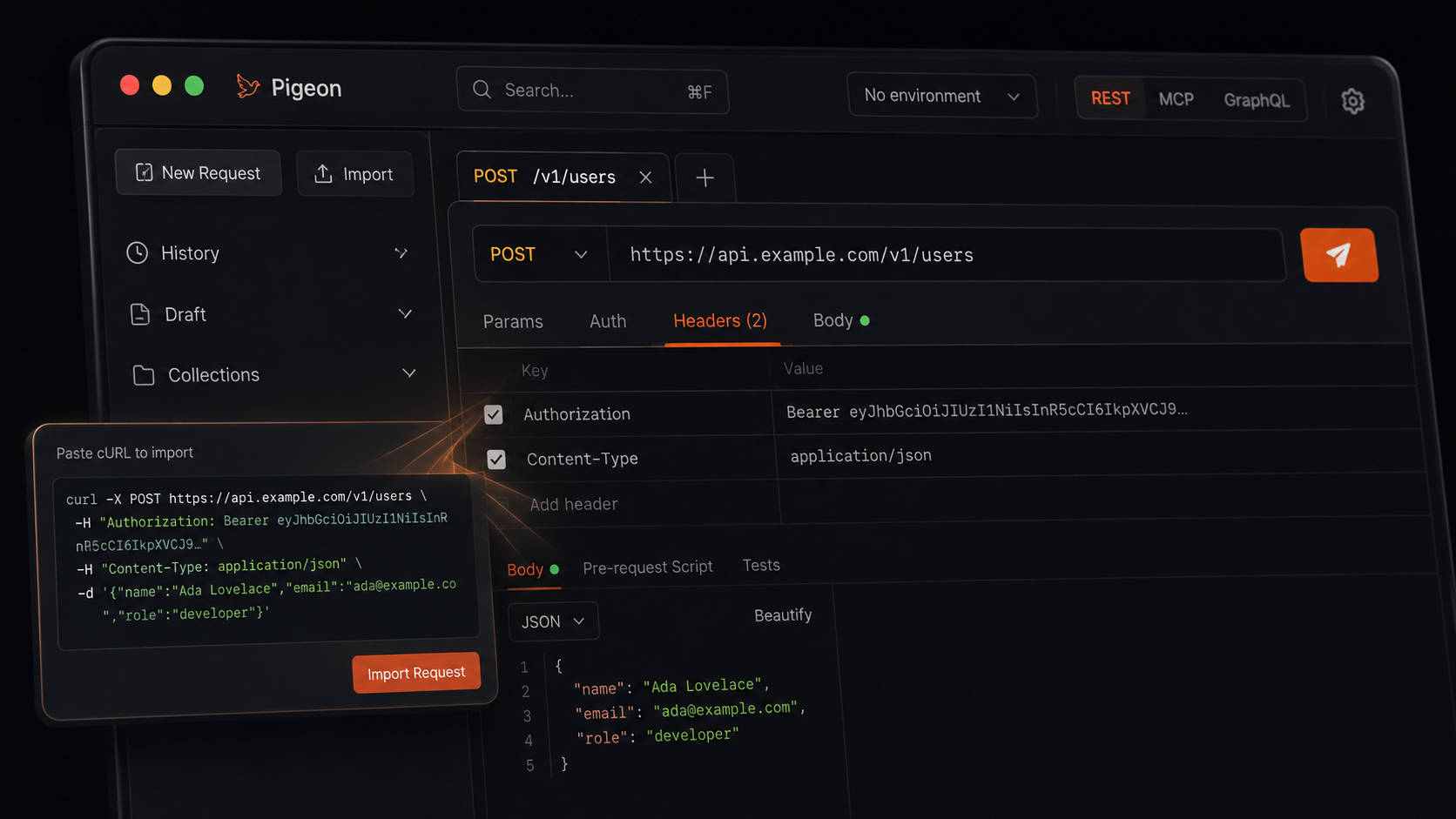 curl command transforming into a ready POST request in a dark API client UI.