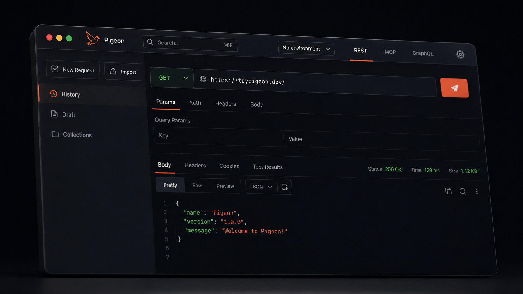 Dark Pigeon API client UI with the brand mark and trypigeon.dev in the URL bar.
